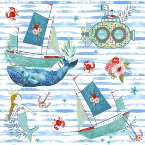 8" NAUTICAL FLORAL SHIP & MERMAID / WATERCOLOR BLUE STRIPES