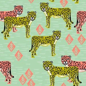 cheetah fabric // safari linocut design coral mint and chartreuse