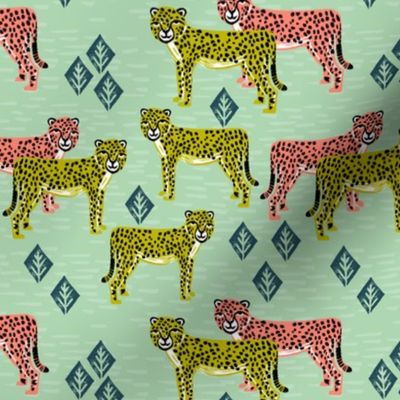cheetah fabric // safari linocut design coral mint and chartreuse