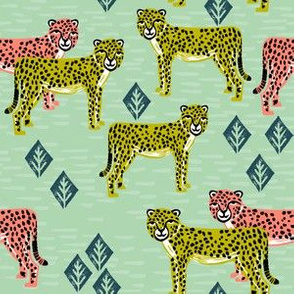 cheetah fabric // safari linocut design coral mint and chartreuse