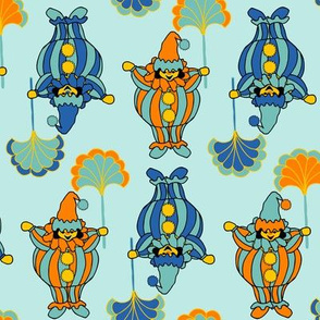 Short Clowns - Orange, Blue on Aqua
