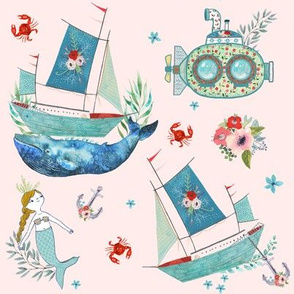 8" NAUTICAL FLORAL SHIP & MERMAID / PINK