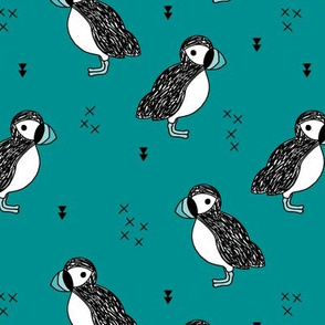 Sweet little puffin bird Scandinavian animals illustration print for kids teal 