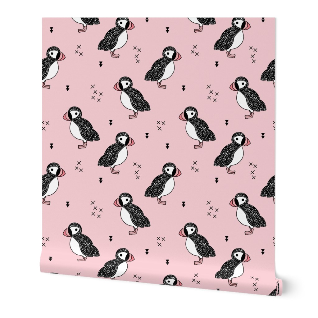 Sweet little puffin bird Scandinavian animals illustration print for kids pink 