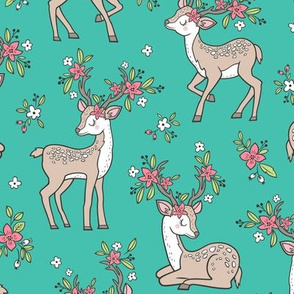 Dreamy Deer with Flowers Floral Woodland Forest on Green Teal