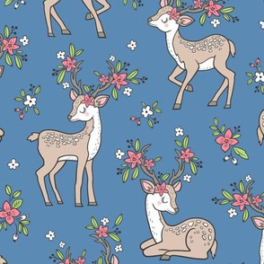 Dreamy Deer with Flowers Floral Woodland Forest on Dark Blue Navy