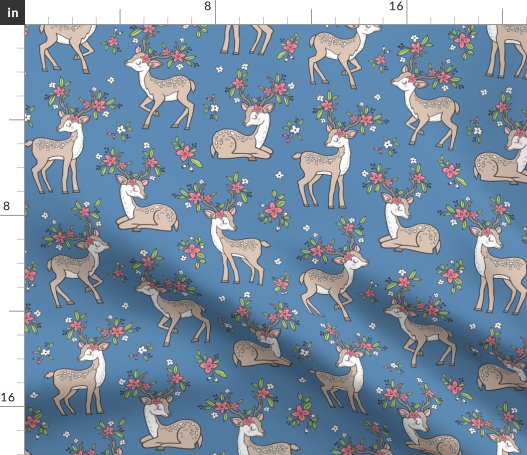 Dreamy Deer with Flowers Floral Woodland Forest on Dark Blue Navy