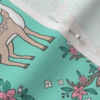 Dreamy Deer with Flowers Floral Woodland Forest on Mint Green