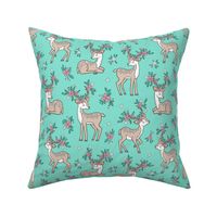 Dreamy Deer with Flowers Floral Woodland Forest on Mint Green