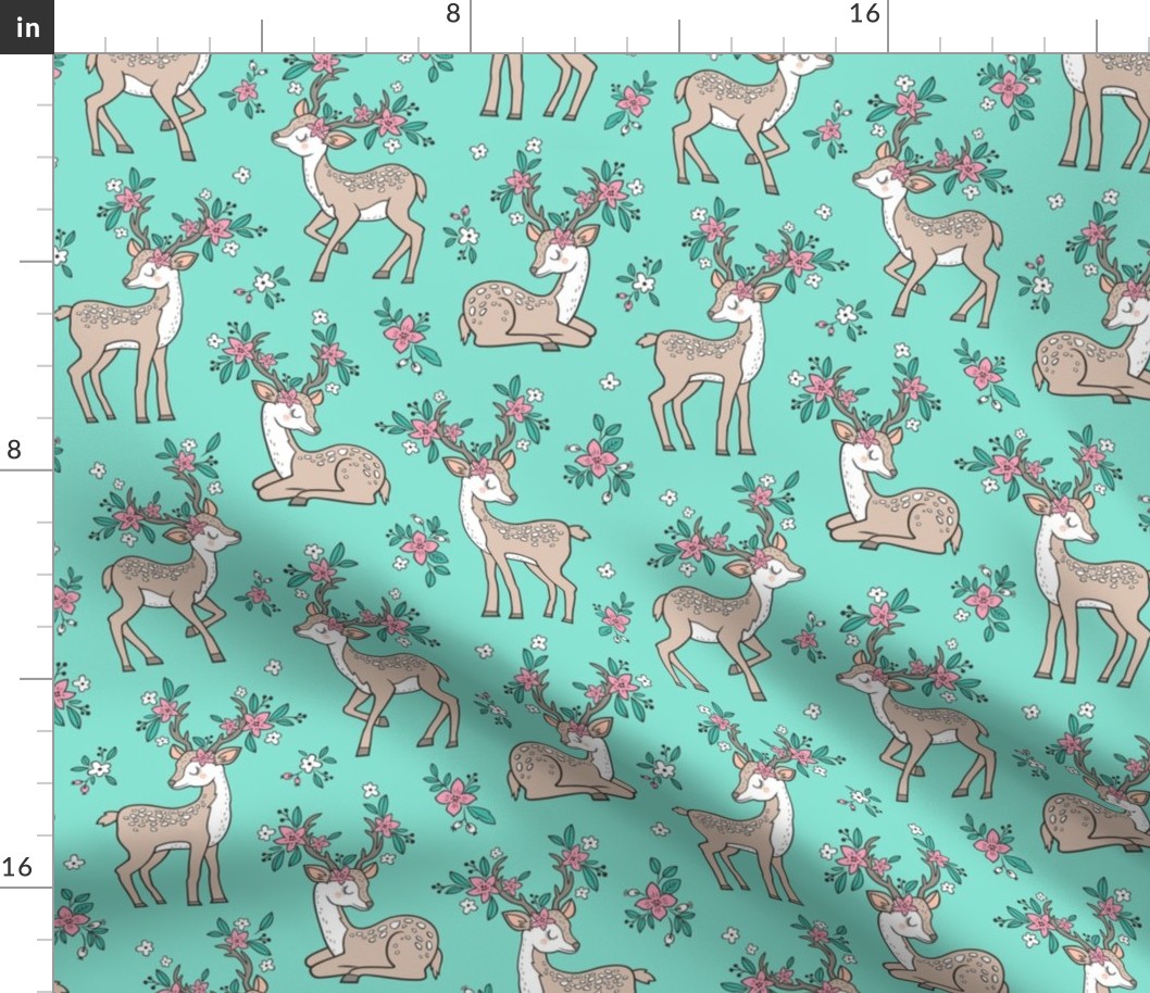 Dreamy Deer with Flowers Floral Woodland Forest on Mint Green