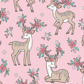 Dreamy Deer with Flowers Floral Woodland Forest on Light Pink