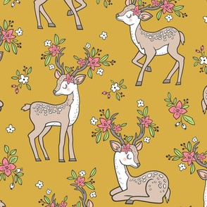 Dreamy Deer with Flowers Floral Woodland Forest on Mustard Yellow