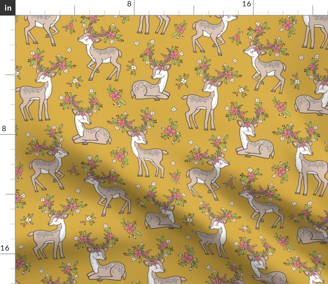 Dreamy Deer with Flowers Floral Woodland Forest on Mustard Yellow