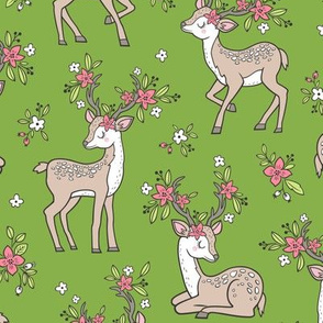 Dreamy Deer with Flowers Floral Woodland Forest on Green