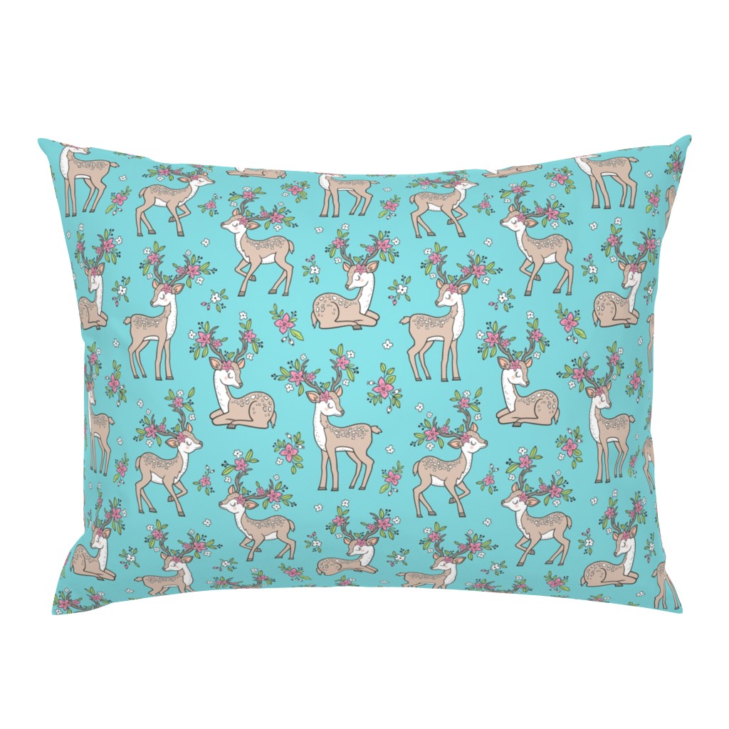 Dreamy Deer with Flowers Floral Woodland Forest on Aqua Blue