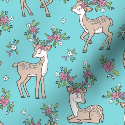 Dreamy Deer with Flowers Floral Woodland Forest on Aqua Blue