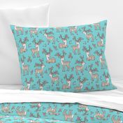 Dreamy Deer with Flowers Floral Woodland Forest on Aqua Blue