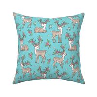 Dreamy Deer with Flowers Floral Woodland Forest on Aqua Blue