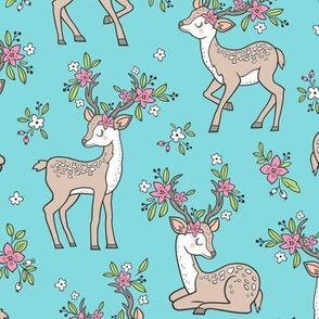 Dreamy Deer with Flowers Floral Woodland Forest on Aqua Blue