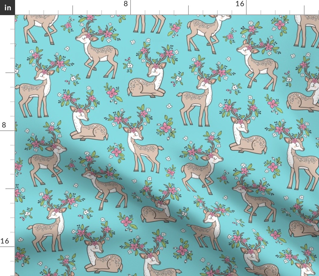Dreamy Deer with Flowers Floral Woodland Forest on Aqua Blue