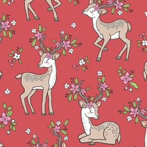 Dreamy Deer with Flowers Floral Woodland Forest on red