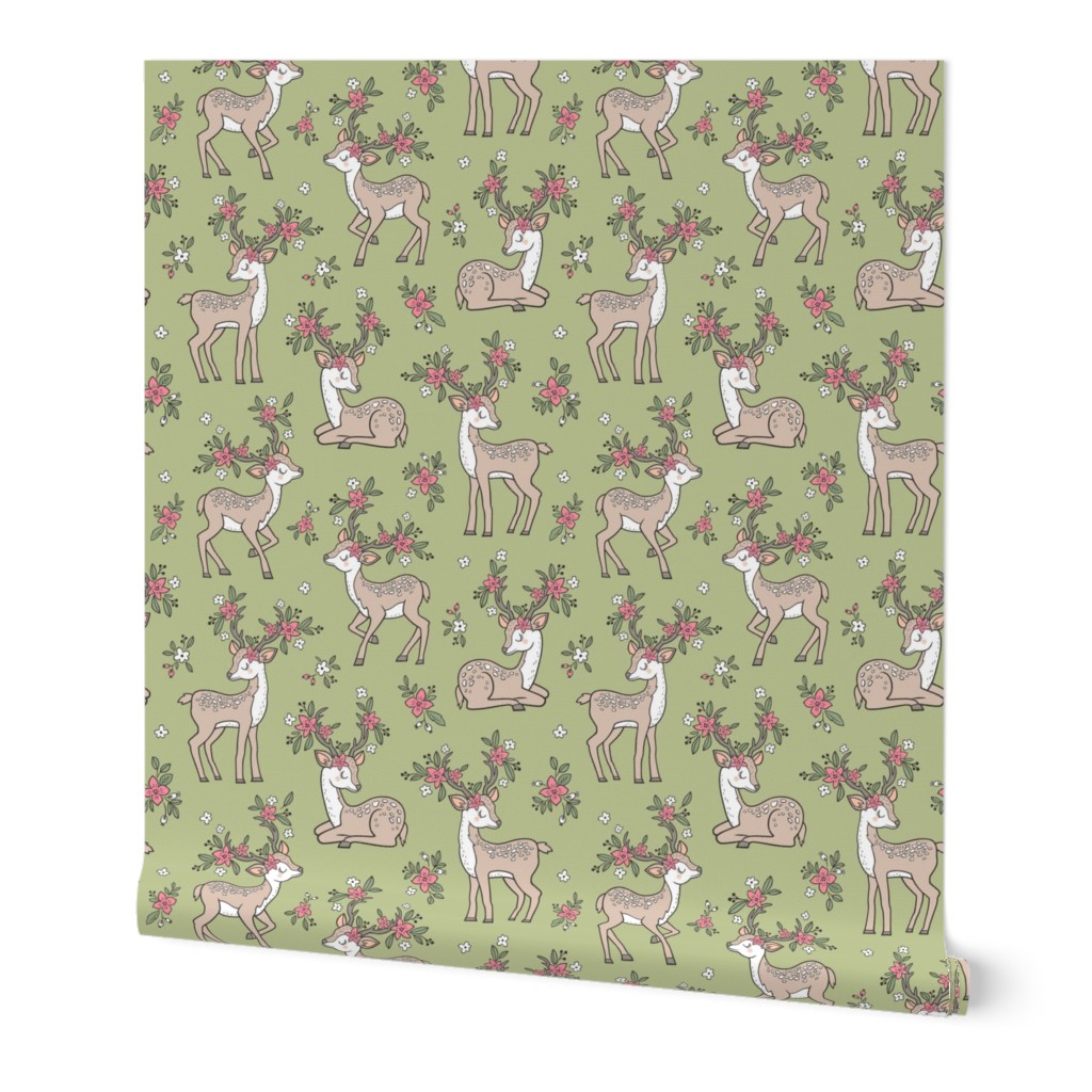 Dreamy Deer with Flowers Floral Woodland Forest on Olive Green