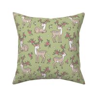 Dreamy Deer with Flowers Floral Woodland Forest on Olive Green