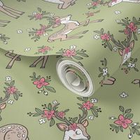 Dreamy Deer with Flowers Floral Woodland Forest on Olive Green