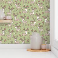 Dreamy Deer with Flowers Floral Woodland Forest on Olive Green