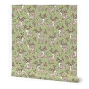 Dreamy Deer with Flowers Floral Woodland Forest on Olive Green