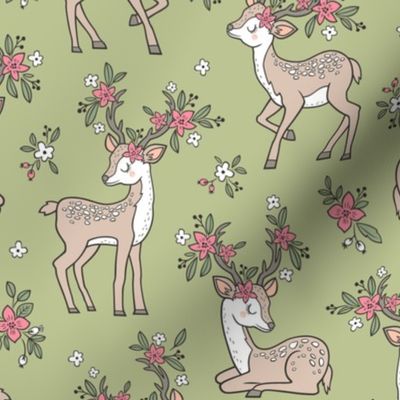 Dreamy Deer with Flowers Floral Woodland Forest on Olive Green