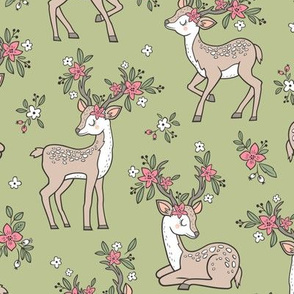 Dreamy Deer with Flowers Floral Woodland Forest on Olive Green