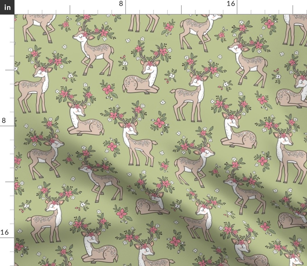 Dreamy Deer with Flowers Floral Woodland Forest on Olive Green