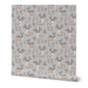 Dreamy Deer with Flowers Floral Woodland Forest on Grey