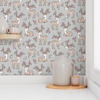 Dreamy Deer with Flowers Floral Woodland Forest on Grey