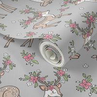 Dreamy Deer with Flowers Floral Woodland Forest on Grey