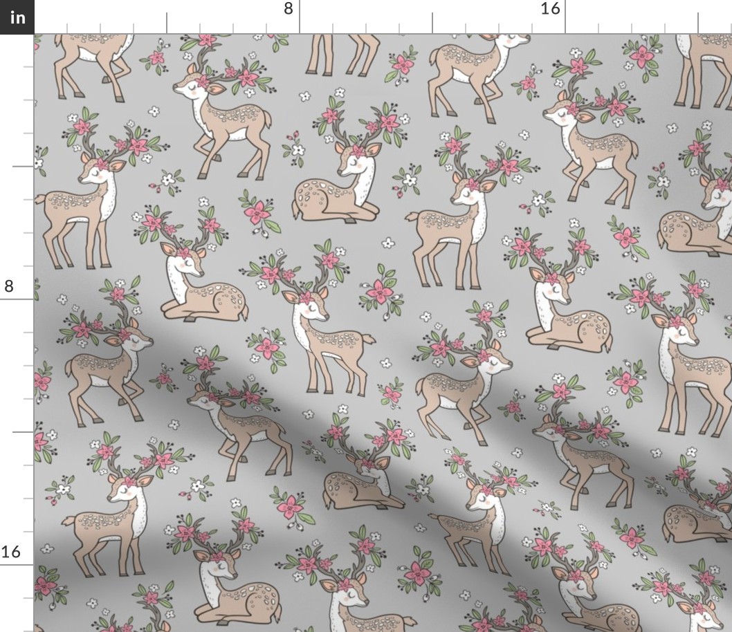 Dreamy Deer with Flowers Floral Woodland Forest on Grey