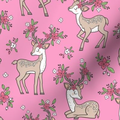 Dreamy Deer with Flowers Floral Woodland Forest on Pink