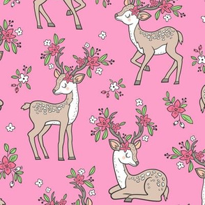 Dreamy Deer with Flowers Floral Woodland Forest on Pink