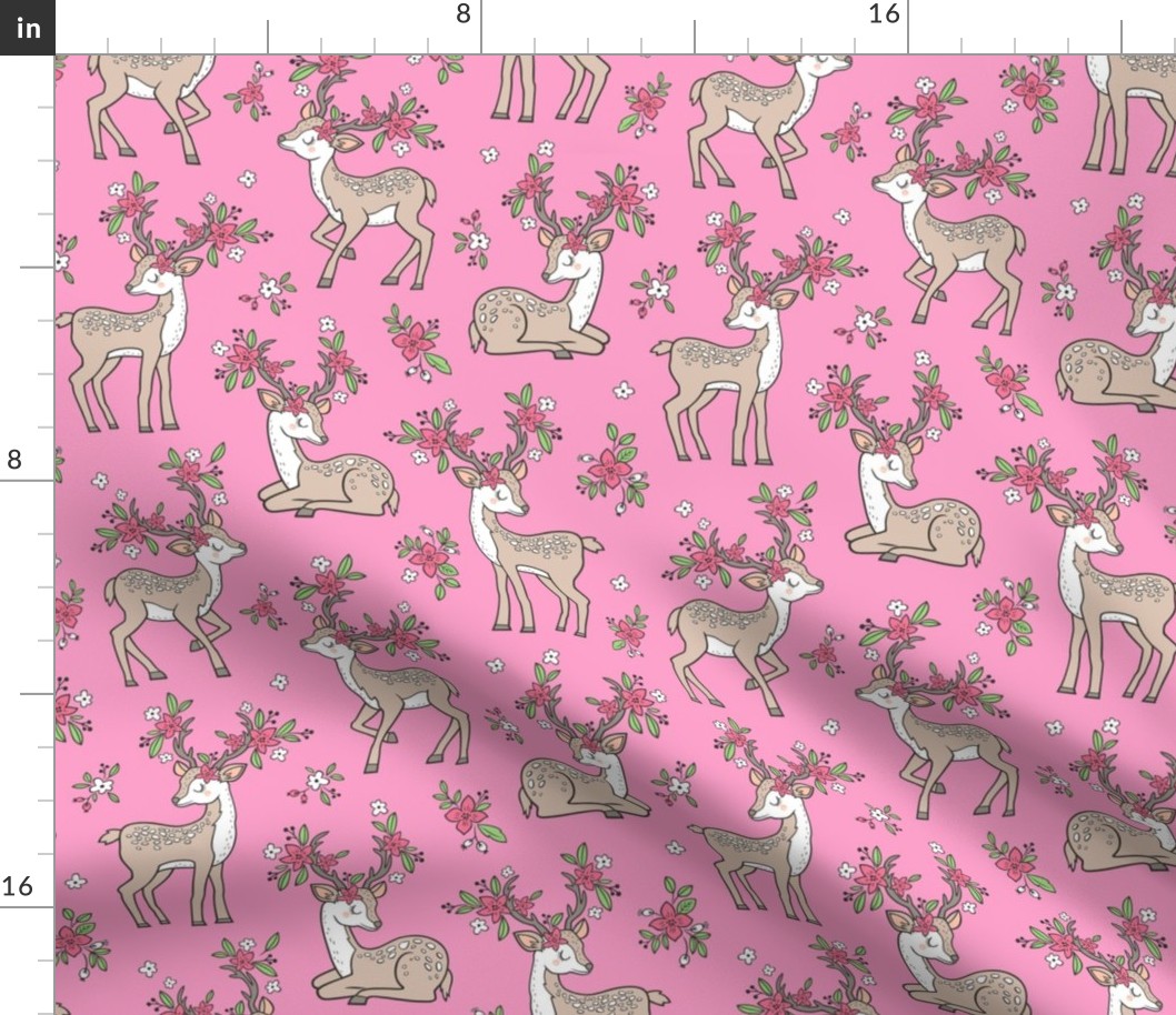 Dreamy Deer with Flowers Floral Woodland Forest on Pink