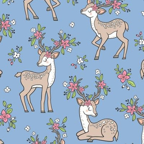 Dreamy Deer with Flowers Floral Woodland Forest on Blue