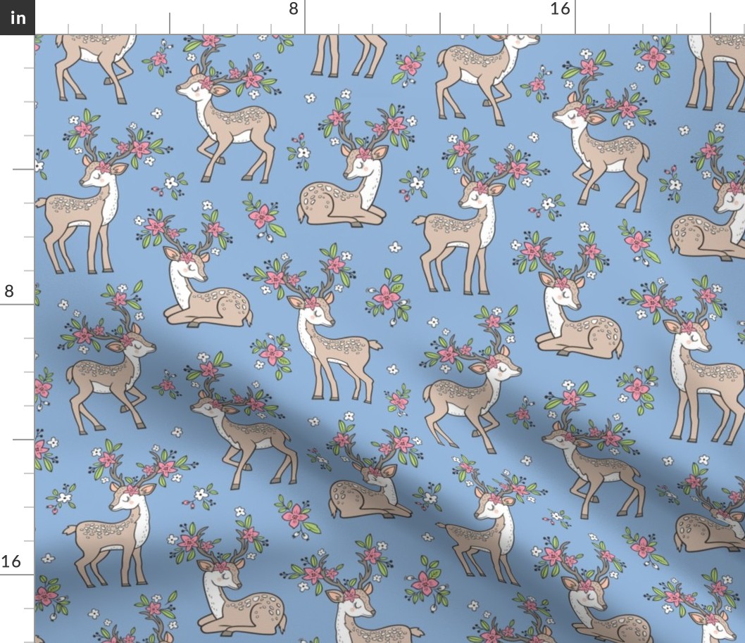 Dreamy Deer with Flowers Floral Woodland Forest on Blue