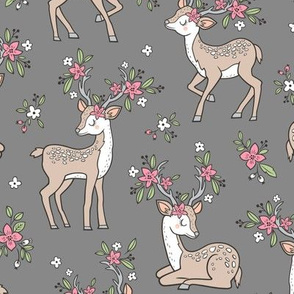 Dreamy Deer with Flowers Floral Woodland Forest on Dark Grey