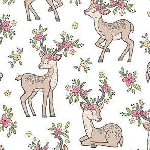 Dreamy Deer with Flowers Floral Woodland Forest on White