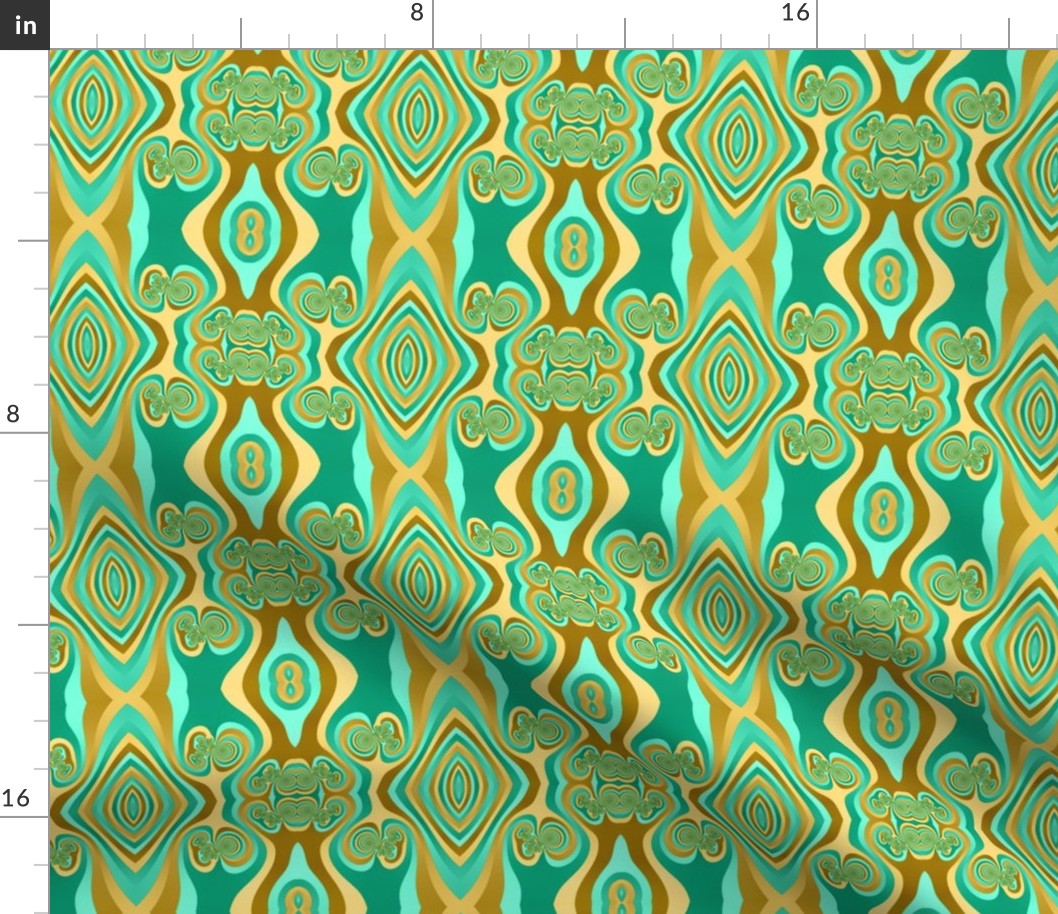 Diamond and Loops Op Art Fractal in Turquoise and Gold_Tones