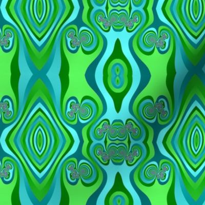 Diamonds and Loops Op Art Fractal in Greens and Light Blues