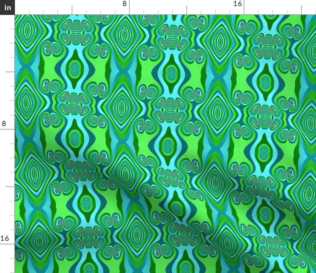 Diamonds and Loops Op Art Fractal in Greens and Light Blues