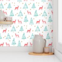 winter deer - teal and red