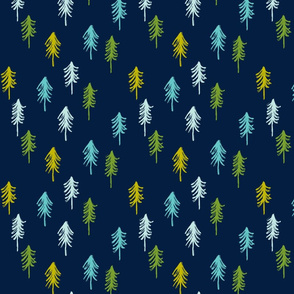 trees - multi blue and green on navy