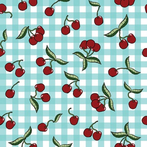 Cherries on Teal Gingham Check